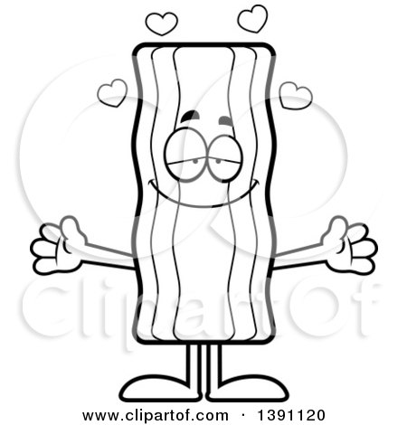 Clipart of a Cartoon Black and White Lineart Loving Crispy Bacon Character Wanting a Hug - Royalty Free Vector Illustration by Cory Thoman