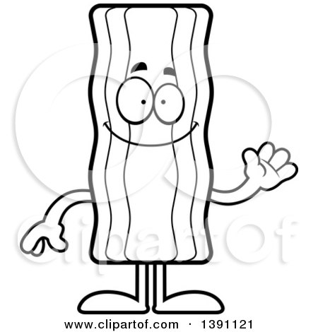 Clipart of a Cartoon Black and White Lineart Friendly Waving Crispy Bacon Character - Royalty Free Vector Illustration by Cory Thoman