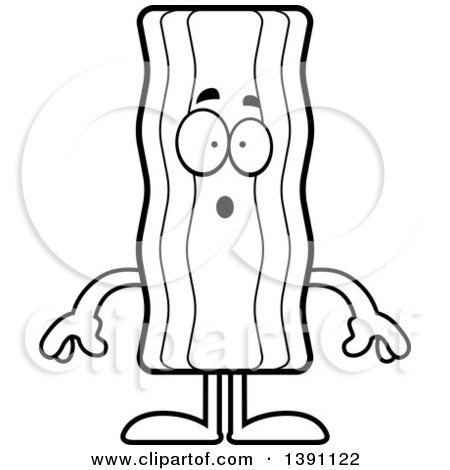 Clipart of a Cartoon Black and White Lineart Surprised Crispy Bacon Character - Royalty Free Vector Illustration by Cory Thoman