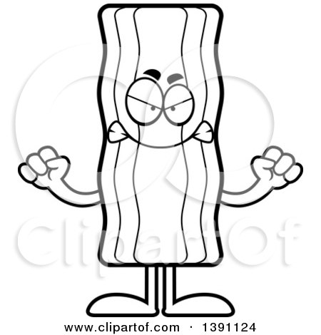 Clipart of a Cartoon Black and White Lineart Mad Crispy Bacon Character - Royalty Free Vector Illustration by Cory Thoman