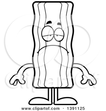 Clipart of a Cartoon Black and White Lineart Sad Crispy Bacon Character - Royalty Free Vector Illustration by Cory Thoman