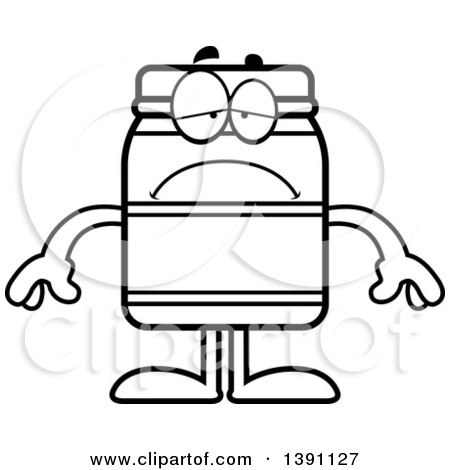 Clipart of a Cartoon Black and White Lineart Depressed Jam Jelly Peanut Butter or Honey Jar Mascot Character - Royalty Free Vector Illustration by Cory Thoman