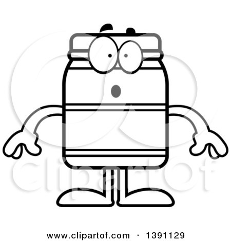Clipart of a Cartoon Black and White Lineart Surprised Jam Jelly Peanut Butter or Honey Jar Mascot Character - Royalty Free Vector Illustration by Cory Thoman