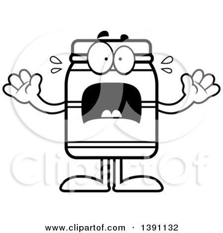 Clipart of a Cartoon Black and White Lineart Scared Jam Jelly Peanut Butter or Honey Jar Mascot Character - Royalty Free Vector Illustration by Cory Thoman