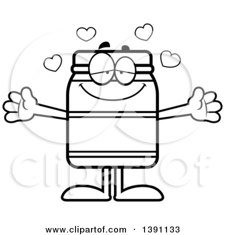 Clipart of a Cartoon Black and White Lineart Loving Jam Jelly Peanut Butter or Honey Jar Mascot Character Wanting a Hug - Royalty Free Vector Illustration by Cory Thoman