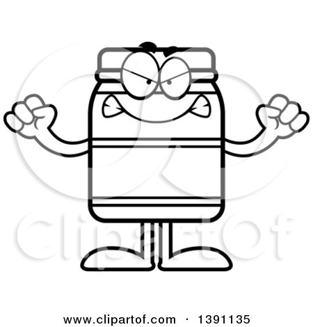 Clipart of a Cartoon Black and White Lineart Mad Jam Jelly Peanut Butter or Honey Jar Mascot Character - Royalty Free Vector Illustration by Cory Thoman