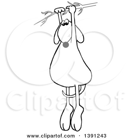Clipart of a Cartoon Black and White Lineart Dog Hanging from a Branch - Royalty Free Vector Illustration by djart