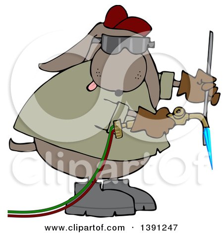 Clipart of a Cartoon Industrial Brown Dog Welder - Royalty Free Vector Illustration by djart