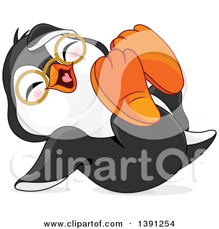 Clipart of a Cute Happy Bespectacled Penguin Rolling on the Floor and Laughing - Royalty Free Vector Illustration by Pushkin