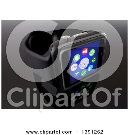 Clipart of a 3d Black Smart Watch with Application Icons, on Reflective Black - Royalty Free Vector Illustration by dero