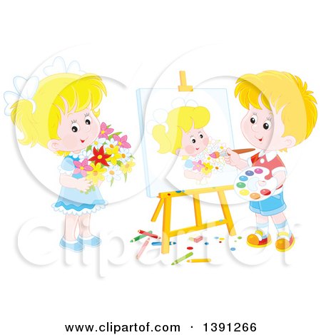 Clipart of a Cartoon Blond Caucasian Artist Boy Painting a Portrait of a Girl Holding Flowers - Royalty Free Vector Illustration by Alex Bannykh