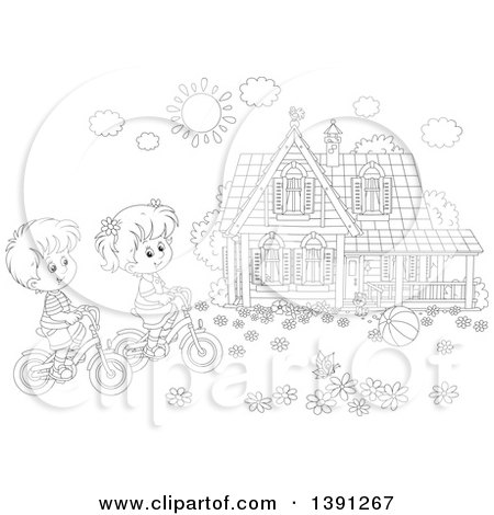 Clipart of a Cartoon Black and White Lineart Boy and Girl Riding Bikes in Front of Their Home on a Spring Day - Royalty Free Vector Illustration by Alex Bannykh