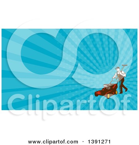 Clipart of a Retro Woodcut Male Landscaper Carrying a Rake and Pushing a Lawn Mower and Blue Rays Background or Business Card Design - Royalty Free Illustration by patrimonio