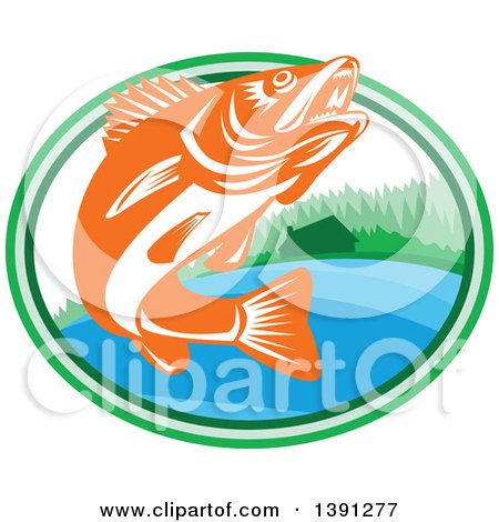Clipart of a Retro Orange and White Walleye Fish Jumping in an Oval with a Lake Front Cabin - Royalty Free Vector Illustration by patrimonio