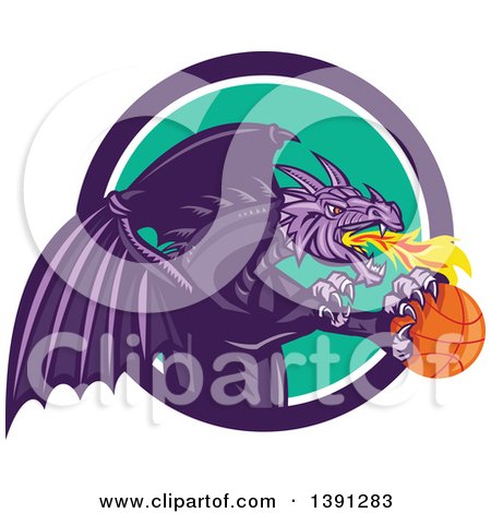 Clipart of a Retro Purple Fire Breathing Dragon Flying with a Basketball and Emerging from a Circle - Royalty Free Vector Illustration by patrimonio