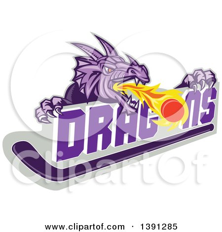 Clipart of a Retro Purple Fire Breathing Dragon over Text, a Puck and Hockey Stick - Royalty Free Vector Illustration by patrimonio