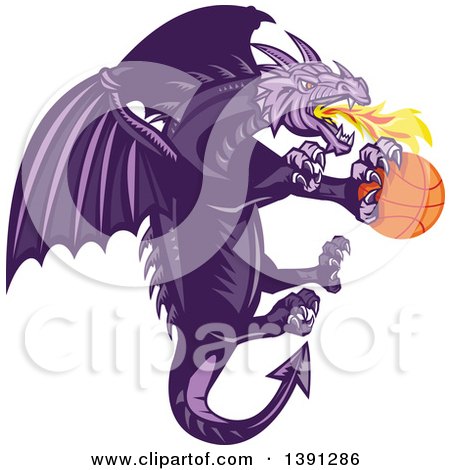 Clipart of a Retro Purple Fire Breathing Dragon Flying with a Basketball - Royalty Free Vector Illustration by patrimonio