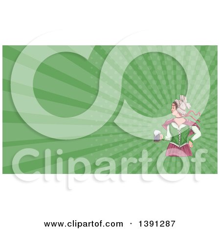 Clipart of a Watercolor Styled Retro Victorian Beer Maiden Holding a Mug and Green Rays Background or Business Card Design - Royalty Free Illustration by patrimonio