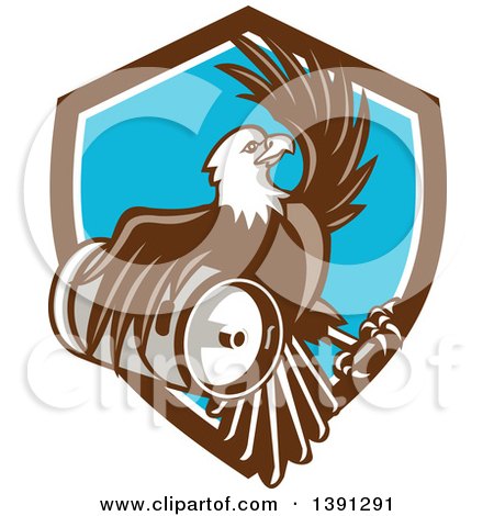 Clipart of a Retro Bald Eagle Holding a Beer Keg and Emerging from a Shield - Royalty Free Vector Illustration by patrimonio