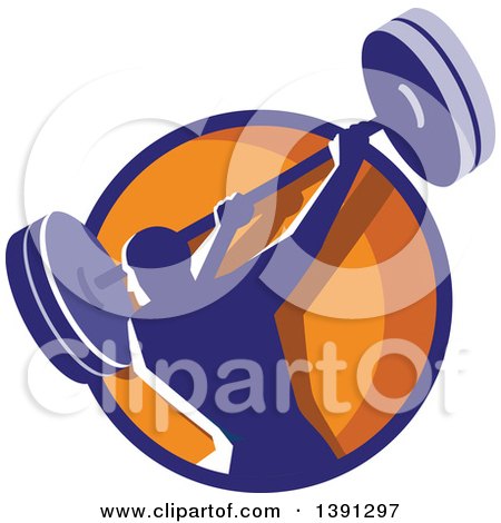 Clipart of a Retro Male Bodybuilder Swinging a Barbell in a Blue and Orange Circle - Royalty Free Vector Illustration by patrimonio