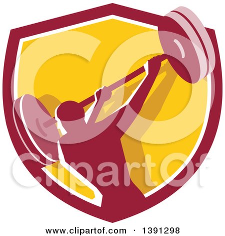 Clipart of a Retro Male Bodybuilder Swinging a Barbell in a Shield - Royalty Free Vector Illustration by patrimonio