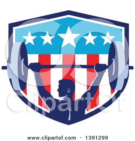 Clipart of a Retro Male Bodybuilder Holding a Heavy Barbell over His Head in an American Shield - Royalty Free Vector Illustration by patrimonio