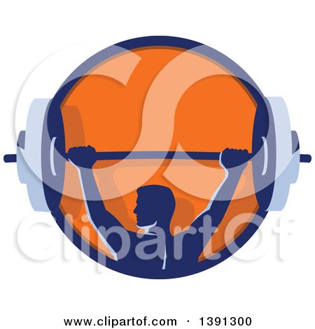 Clipart of a Retro Male Bodybuilder Holding a Heavy Barbell over His Head in a Blue and Orange Circle - Royalty Free Vector Illustration by patrimonio