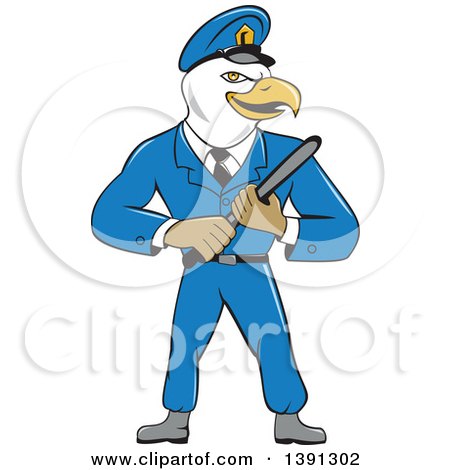 Clipart of a Cartoon Bald Eagle Police Officer Man Holding a Baton - Royalty Free Vector Illustration by patrimonio