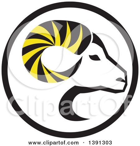 Clipart of a Retro Profiled Dall Sheep Ram Head with Curling Horns in a Circle - Royalty Free Vector Illustration by patrimonio