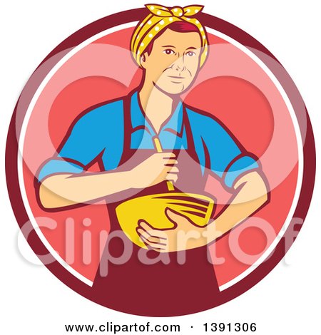 Clipart of a Retro White Female Chef or Baker Holding a Mixing Bowl in a Pink and White Circle - Royalty Free Vector Illustration by patrimonio