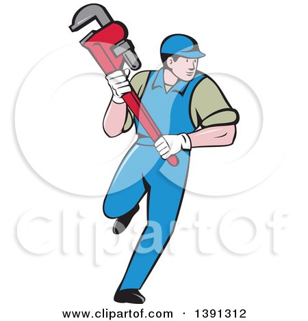 Clipart of a Retro Cartoon White Male Plumber Running and Holding a Giant Monkey Wrench - Royalty Free Vector Illustration by patrimonio