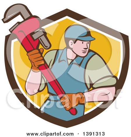 Clipart of a Retro Cartoon White Male Plumber Running and Holding a Giant Monkey Wrench, Emerging from a Brown White and Yellow Shield - Royalty Free Vector Illustration by patrimonio