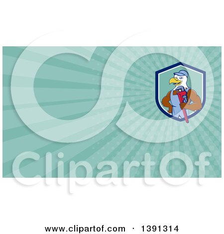 Clipart of a Cartoon Bald Eagle Mechanic Man Holding a Wrench and Turquoise Rays Background or Business Card Design - Royalty Free Illustration by patrimonio