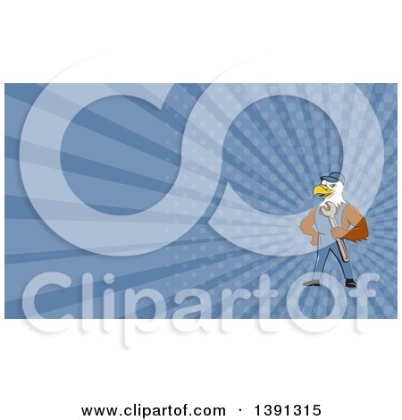 Clipart of a Cartoon Bald Eagle Mechanic Man Holding a Wrench and Blue Rays Background or Business Card Design - Royalty Free Illustration by patrimonio