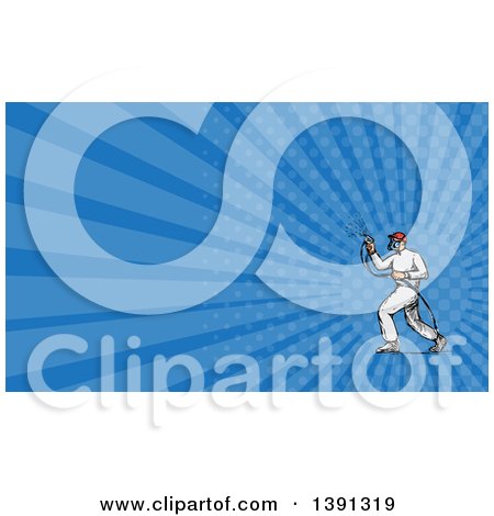 Clipart of a Sketched Male Painter Using a Spray Gun and Blue Rays Background or Business Card Design - Royalty Free Illustration by patrimonio