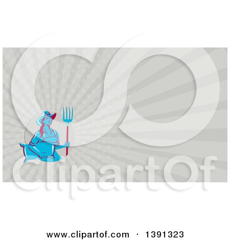 Clipart of a Retro Blue and Red Female Farmer Carrying a Sack and a Pitchfork and Taupe Rays Background or Business Card Design - Royalty Free Illustration by patrimonio
