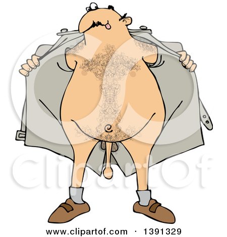 Clipart of a Cartoon Hairy White Flasher Man Opening His Jacket and Showing His Junk - Royalty Free Vector Illustration by djart