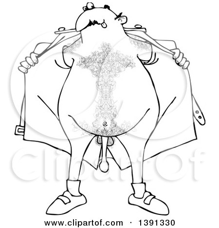 Clipart of a Cartoon Black and White Lineart Hairy Flasher Man Opening His Jacket and Showing His Junk - Royalty Free Vector Illustration by djart