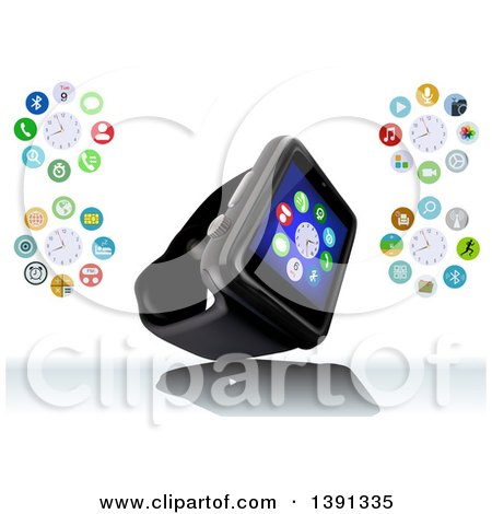 Clipart of a 3d Black Smart Watch with Application Icons Around It, on Reflective White - Royalty Free Vector Illustration by dero