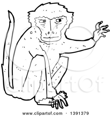 Clipart of a Cartoon Black and White Lineart Monkey - Royalty Free Vector Illustration by lineartestpilot