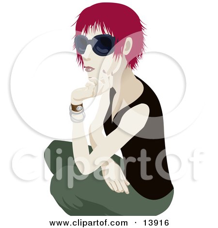 Cool Red Haired Woman Wearing Sunglasses and Crouching Clipart Illustration by AtStockIllustration