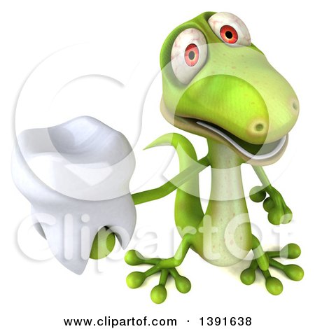 Clipart of a 3d Green Gecko Lizard Holding a Tooth, on a White ...