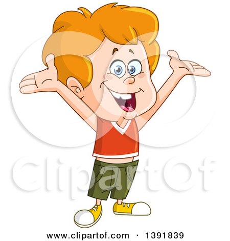 Clipart of a Cartoon Happy Blue Eyed, Red Haired Caucasian Boy Cheering - Royalty Free Vector Illustration by yayayoyo