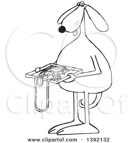Toon Clipart of a Black and White Lineart Dog Holding a Tsa Tray of Accessories - Royalty Free Vector Illustration by djart