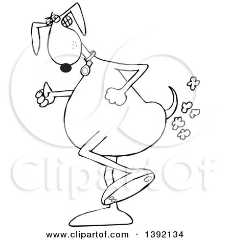 Toon Clipart of a Black and White Lineart Dog Walking Upright and Farting - Royalty Free Vector Illustration by djart