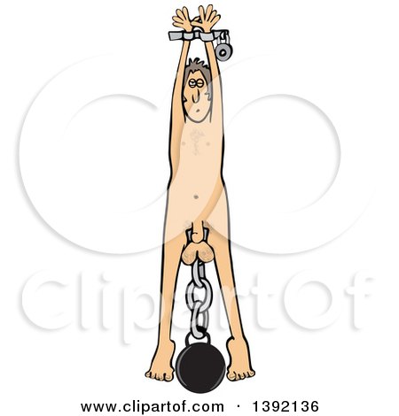 Toon Clipart of a Nude White Man Hanging, with a Ball and Chain Tied to His Balls - Royalty Free Vector Illustration by djart