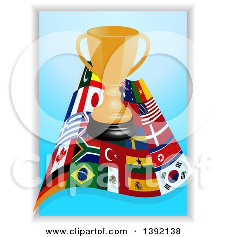 Clipart of a Gold Trophy over a Wave of World Flags on Blue - Royalty Free Vector Illustration by elaineitalia