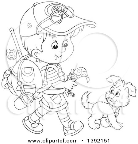 Clipart of a Cartoon Black and White Lineart Little Boy Ready to Go Explore, Walking with a Puppy Dog - Royalty Free Vector Illustration by Alex Bannykh