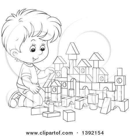 Clipart of a Cartoon Black and White Lineart Little Boy Playing with Toy Blocks - Royalty Free Vector Illustration by Alex Bannykh