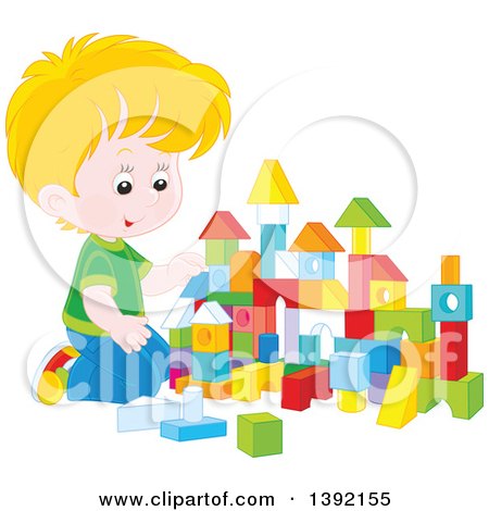 Clipart of a Cartoon Little Blond Caucasian Boy Playing with Toy Blocks - Royalty Free Vector Illustration by Alex Bannykh